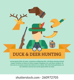 Duck and deer hunting concept with hunter equipment and animals icons flat vector illustration