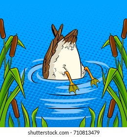 Duck dives into the pond pop art retro vector illustration. Avoiding problems metaphor. Comic book style imitation.