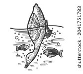 duck dives under water sketch engraving vector illustration. T-shirt apparel print design. Scratch board imitation. Black and white hand drawn image.