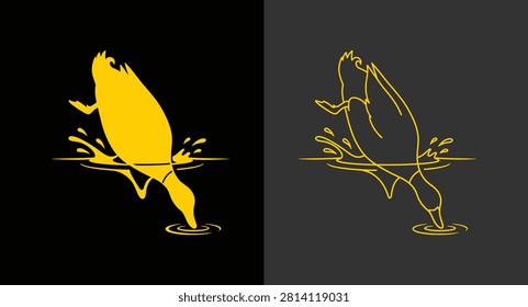 Duck diving into water silhouette and line art icon set on dark backgrounds