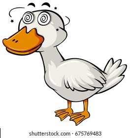 Duck with dizzy face on white background illustration