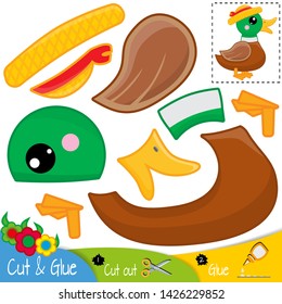 Duck drake in a straw hat. Education paper game for preshool children. Vector illustration.