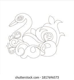 Duck drawing in black color on white background for tile and fabric