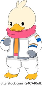 duck dressed as an astronaut when he went on an adventure into outer space, cartoon flat illustration