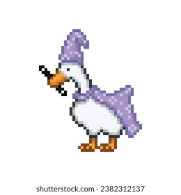 Duck dressed as a magician, pixel art meme