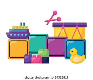 duck drum block boat cubes kids toys vector illustration