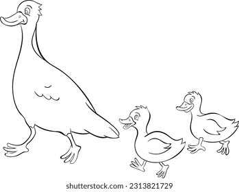 Duck and duckling black and white vector line art