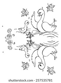 Duck with duckling are reflecting in the lake. Black and white vector illustration. Coloring book.