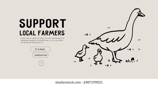 Duck with ducklings at local farm vector line illustration. Village scene. Countryside and agriculture, farmer eco products. Minimal simple line contemporary vector illustration. Eat local concept.