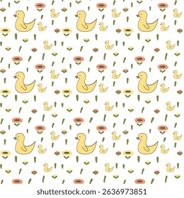 A duck with ducklings on a summer meadow, seamless pattern, doodle-style outline illustration, hand-drawn. Ideal for summer and children’s projects, textile design, swimwear and bath accessories 