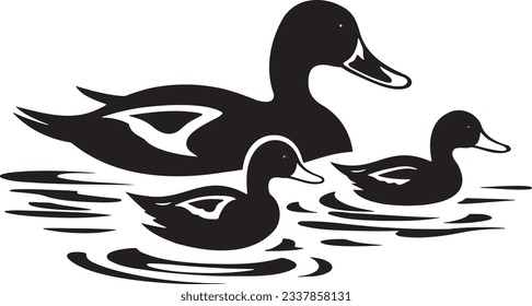 Duck and ducklings swimming, Basic simple Minimalist vector graphic, isolated on white background, black and white