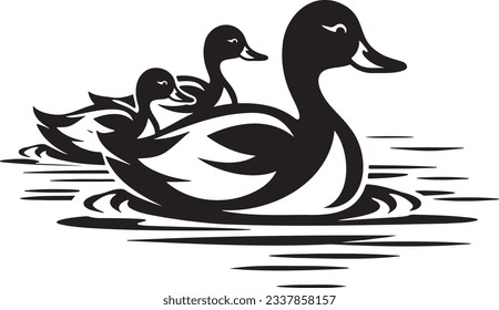 Duck and ducklings swimming, Basic simple Minimalist vector graphic, isolated on white background, black and white