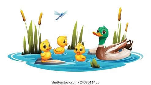 Ente und Entchen schwimmen mit Libellen im Teich. Vektor-Cartoon-Illustration isoliert auf weißem Hintergrund