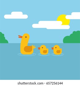 Duck and ducklings swimming in row. Flat design illustration.
