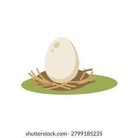 Duck egg resting in a natural nest. Simple educational vector illustration representing the first stage of duck life cycle isolated on white background