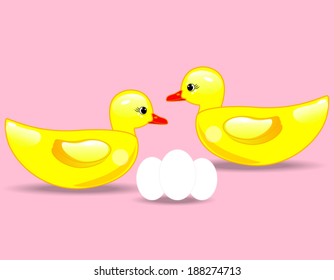 Duck and eggs on pink background