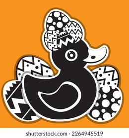 Duck with eggs, vector. Logo, postcard.Cartoon image