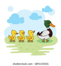 Duck Family Cartoon Animals Walking