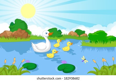 Duck Family Cartoon Swimming