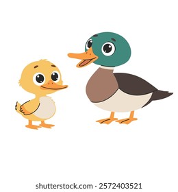 Duck family. Cute cartoon duck with duckling. Domestic farm animals. Vector illustration