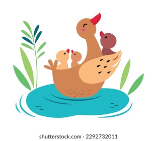 La familia del pato. El pato de mamá lindo abrazando su ilustración de vector de dibujos animados