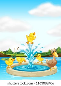 A duck family at the fountain illustration