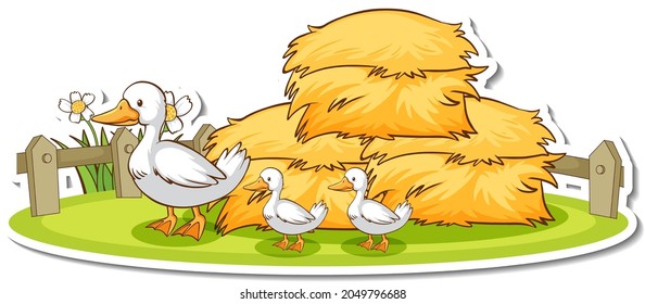 Duck family with haystack sticker illustration