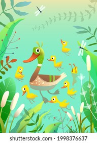 Duck family, mom duckling with little yellow chicks swimming and diving on the pond or lake with grass, lily and reeds. Vector illustration for children in watercolor style.