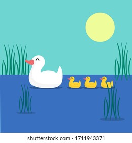 duck family on a lake flat design
