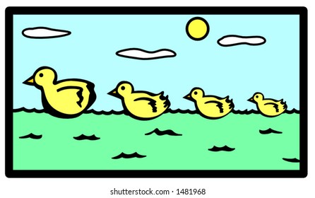 duck family swimming in a pond
