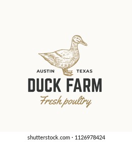 Duck Farm Fresh Poultry Abstract Vector Sign, Symbol or Logo Template. Hand Drawn Engraving Duck Sillhouette Sketch with Retro Typography. Vintage Emblem. Isolated.