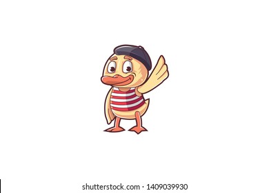 duck flaps its wing. french duck in a hat. - vector