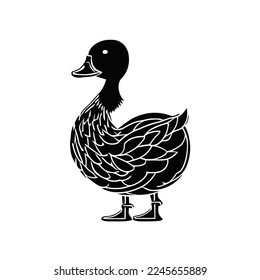 Duck flat icon. Vector illustration. Flat logo design. A black and white duck with a long neck and legs, standing on a white background, with a black outline