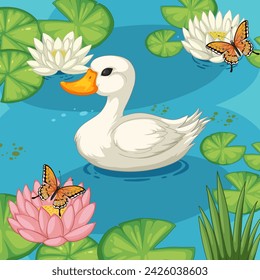 Duck floating among lilies with visiting butterflies.