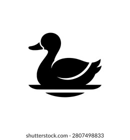 Duck floating on water with ripple reflection line, solid black silhouette vector illustration
