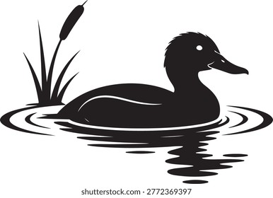Duck Floating on Water Silhouette with Reflection – Nature Vector Illustration.