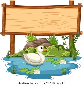 Duck floating peacefully near a blank signboard.