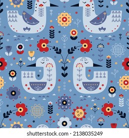 Duck Floral Ornament Scandinavian Folk Art Design. Birds and Flowers Colorful Seamless Pattern.