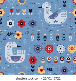 Duck Floral Ornament Scandinavian Folk Art Design. Birds with Flowers Colorful Seamless Pattern. Vector illustration. 