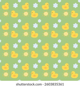 Duck, flower, green on yellow background, fabric pattern, wrapping paper, seamless pattern