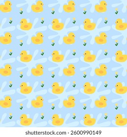 duck , flowers on blue background , fabric pattern , gift wrap , seamless pattern