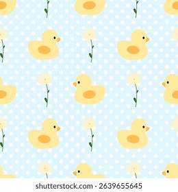 Duck Flowers on blue background, polka dots,fabric pattern , gift wrapping paper , seamless pattern 