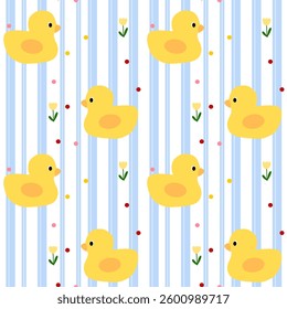 duck , flowers on white background , blue lines, fabric pattern , gift wrap , seamless pattern
