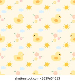 Duck Flowers on yellow background,  fabric pattern , gift wrapping paper , seamless pattern 