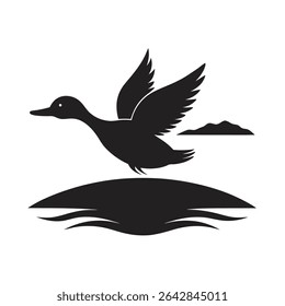 Duck Flying Above Calm Lake Vector Silhouette