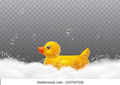 Duck with foam effect isolated on transparent background. Yellow bath toy and soap, gel or shampoo foam bubbles in water. Vector 3d float bathtub element template.