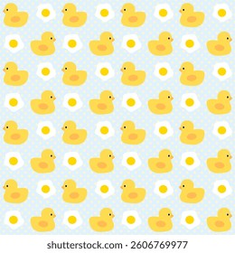 Duck, fried egg on orange polka dot background, fabric pattern, gift wrapping paper, seamless pattern