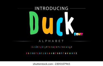 Duck Funky colorful cartoon font type. Vector alphabet