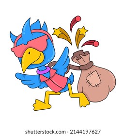 duck with glasses walking with a sack, vector illustration art. doodle icon image kawaii.