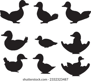 Duck, goose silhouette set  in white background